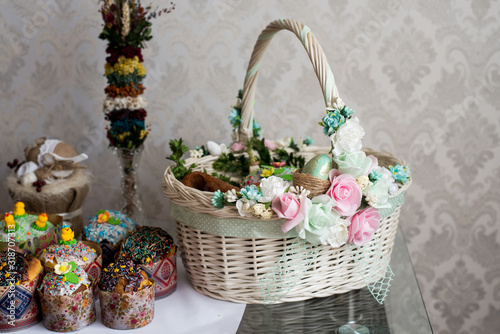 Easter Cakes - Russian and Ukrainian Traditional Kulich  Paska Easter Bread. Selective focus. Homemade family cakes. Happy Easter spring concept.