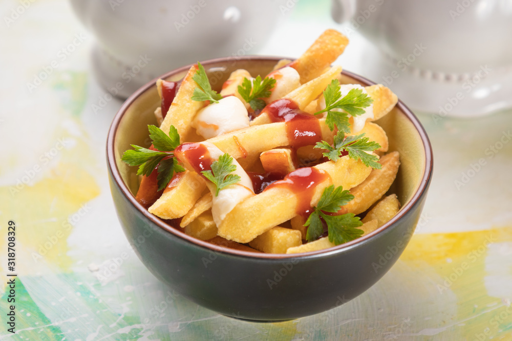 Canadian poutine potato fries with cheese and gravy Canadian poutine potato fries with cheese and gravy