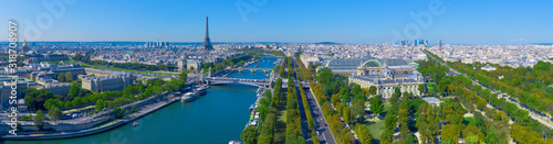 Aerial cityscape of Paris France with Seine River and Eiffel Tower photo
