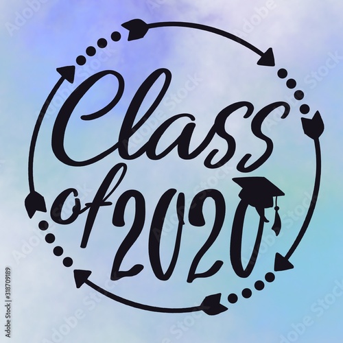 Class of 2020 with graduation cap and frame with arrows and dots on blue background