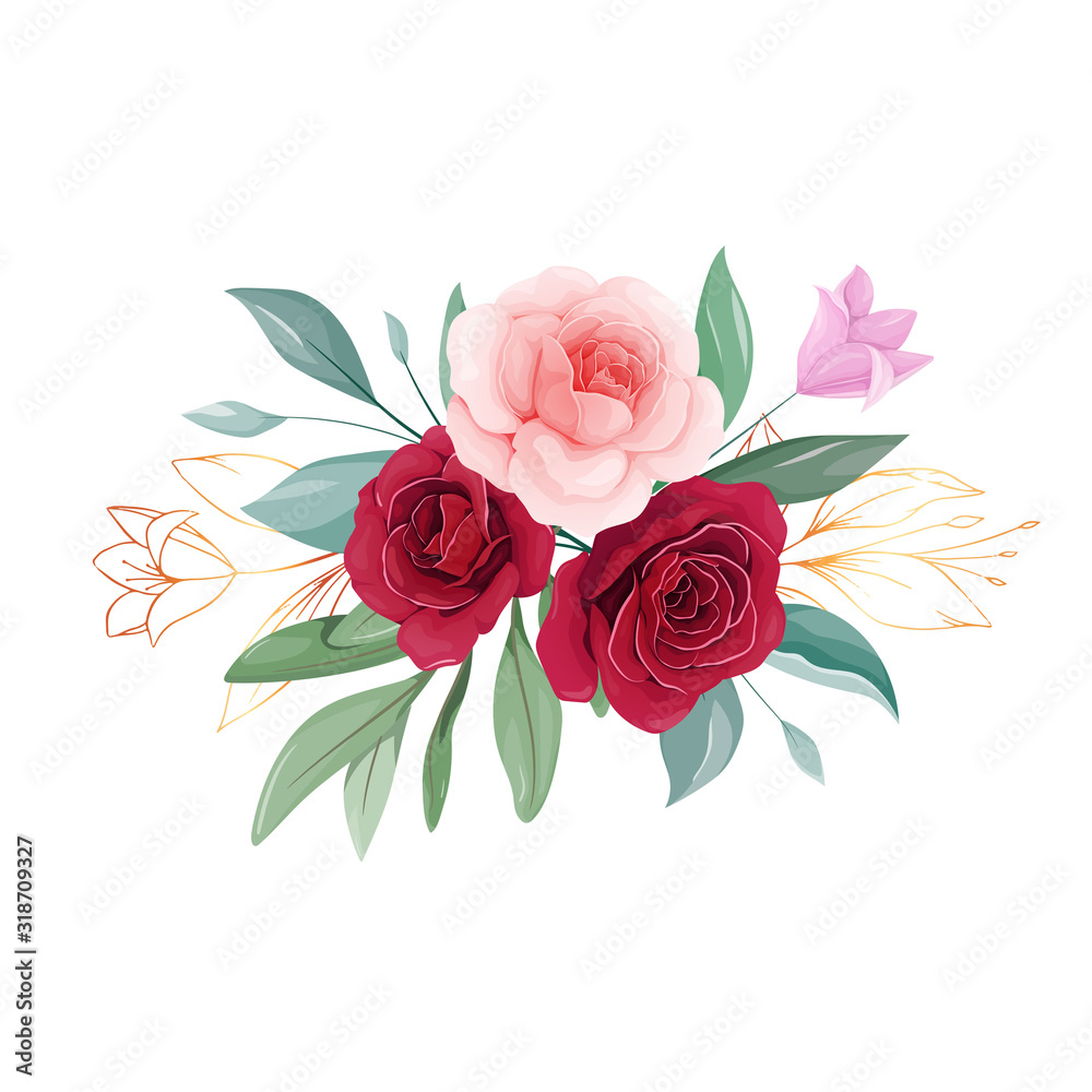 Floral arrangements of red and peach rose flowers, leaves, branches, and gold leaves. Romantic botanic illustration elements for wedding, greeting, and valentine card design vector