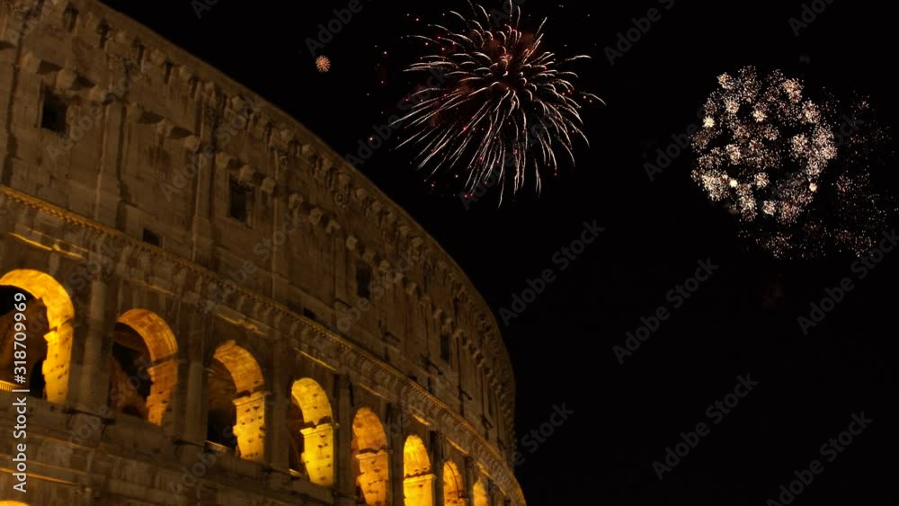4K: Fireworks display at the Colosseum in Rome, Italy. Perfect for New Year's Eve celebrations. Night shot.