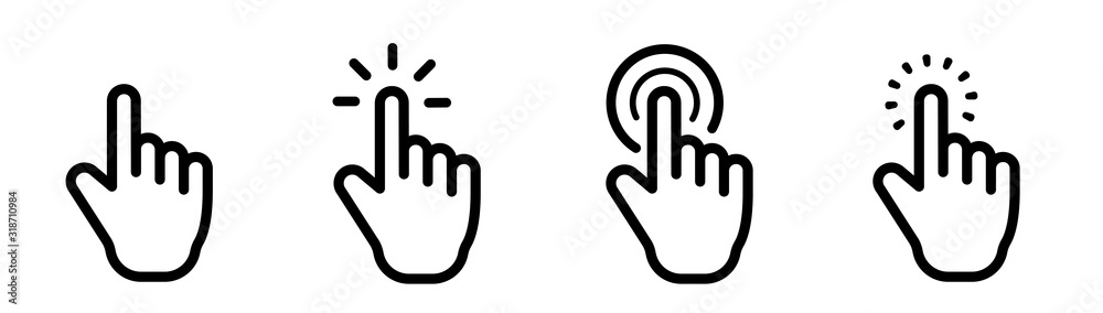 Mouse click cursor set. Hand Cursor. Click icon. Mouse pointer set. Arrow  cursor. Pointer click icon. Clicking cursor, pointing hand clicks and  waiting loading icons. Website arrows or hand icon. Stock Illustration