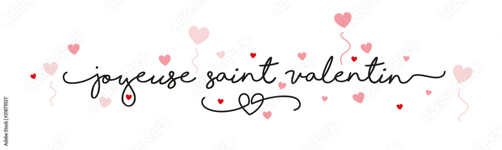 Plakat Szczęśliwych walentynek języka francuskiego odręcznie typografii napis czerwony różowy serce białe transparent