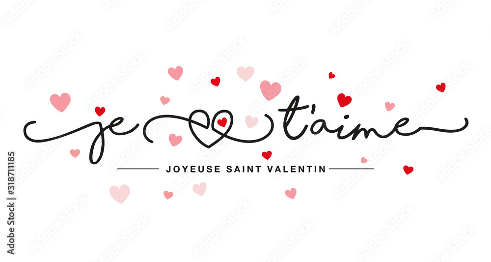 I love You French language handwritten typography line design heart pink red hearts Happy Valentine's Day greeting card