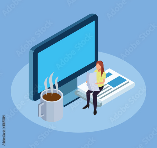 woman reading sitting on newspaper and computer and coffee mug around