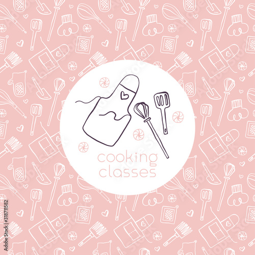Vector badge for Cooking classes. Seamless pattern for banner of cooking courses. Kitchen utensils pattern. Vector templates for bakehouse packaging in trendy line ink style. Bread house banner.