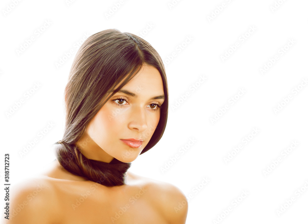 Obraz premium young fresh brunette tann girl with beauty hairstyle isolated on white closeup, soft spa face