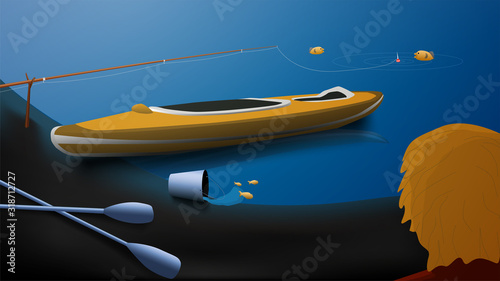 Kayak is standing on the shore. Oars lie on the ground. Near a fishing rod with fishing line and a float in the water. The bucket overturned and the fish sailed away. Outdoor activities. Vector.