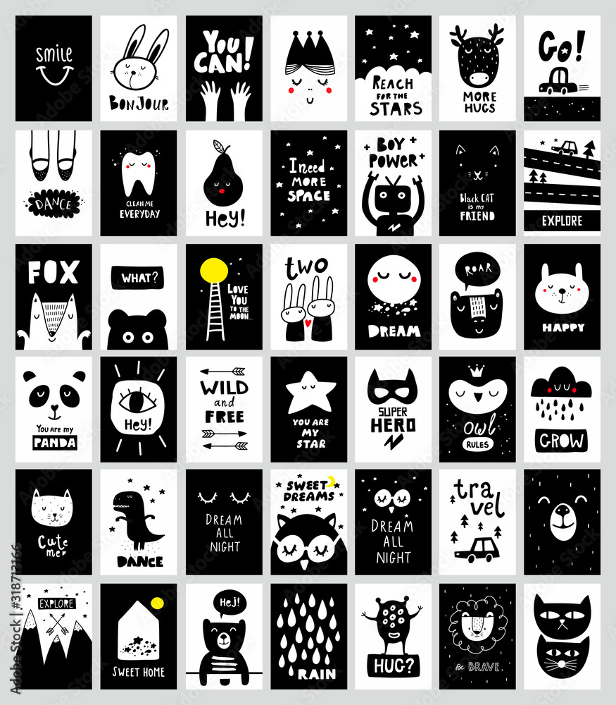 Big set of monochrome black and white posters in scandinavian style. - obrazy, fototapety, plakaty 