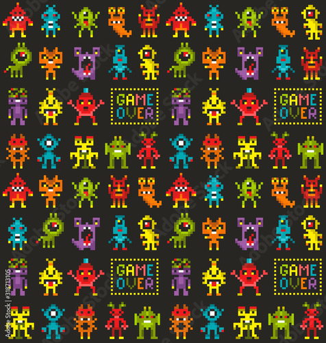 Seamless pattern with cute pixel monsters from the video game.