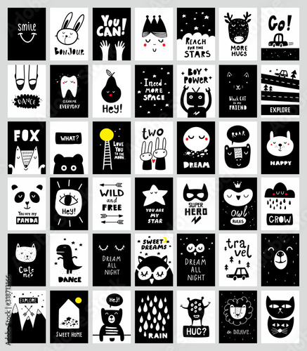 Big set of monochrome black and white posters in scandinavian style. photo