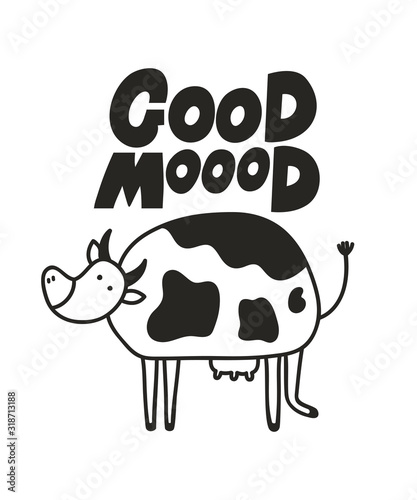 Cute cow in good mood print for wall art in children room.