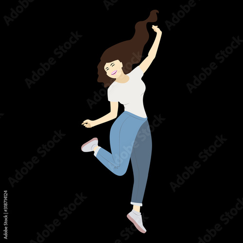 a young cheerful woman. the girl jumps, happily throws her hands in different directions, one leg is bent, hair dynamically develops. The blonde brunette smiles broadly. happy woman in blue jeans and photo