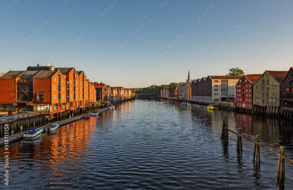 Evening sunset cityscape of Trondheim, Norway - architecture background in july 2019