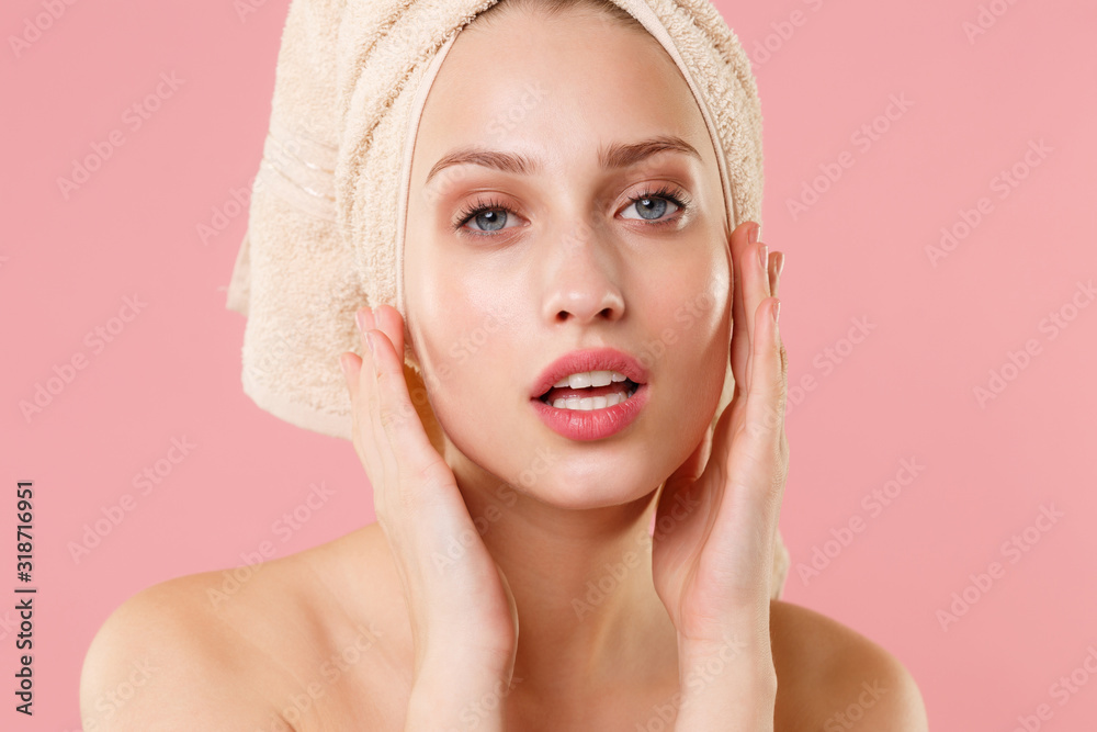 Close up blonde half naked woman 20s perfect skin nude make up blue eyes isolated on pastel pink wall background studio portrait. Skin care healthcare cosmetic procedures concept. Mock up copy space.
