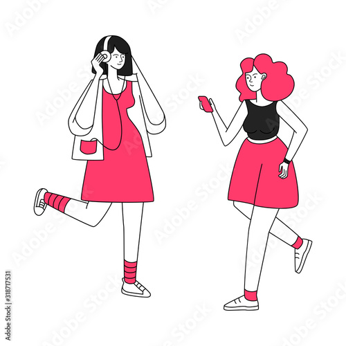 Running girls with earphones vector illustration. Active leisure, walk to music. Young women listening to music, females with earphones flat contour characters isolated on white background