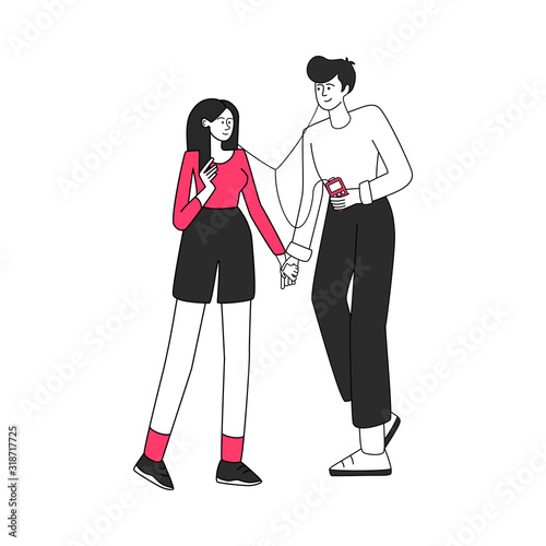 Music lovers couple vector illustration. Favorite song, romantic date. Young girl and boy holding hands, people listening to music flat contour characters isolated on white background