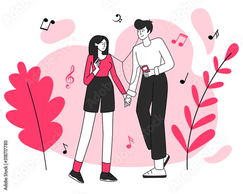 Couple in love vector illustration. Date, favourite song, romantic atmosphere. Smiling young pair holding hands, happy male and female teens with headphones isolated flat contour characters