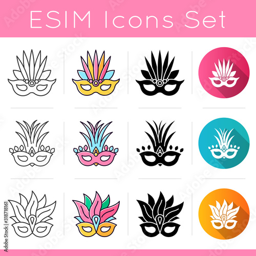 Masquerade masks icons set. Traditional headwear with plumage. Linear, black and RGB color styles. National holiday. Ethnic festival. Isolated vector illustrations