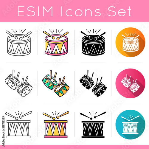 Brazilian music icons set. Drums with drumsticks. Linear, black and RGB color styles. Samba. Brazilian carnival. Musical instrument. Festive drum parade. Isolated vector illustrations