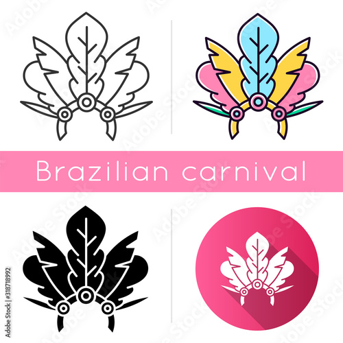 Brazilian carnival headwear icons set. Linear, black and RGB color styles. Crown with plumage and gems. Ethnic costume. National holiday. Masquerade parade. Isolated vector illustrations