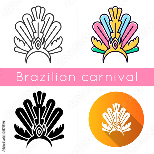 Brazilian carnival headwear icons set. Linear, black and RGB color styles. Crown with plumage. Ethnic wear. Traditional festival. National holiday. Masquerade parade. Isolated vector illustrations