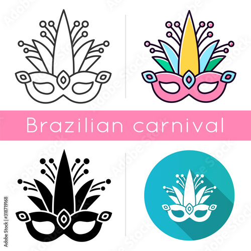 Masquerade mask icons set. Linear, black and RGB color styles. Traditional headwear with plant leaves. Ethnic festival. National holiday parade. Isolated vector illustrations © bsd studio