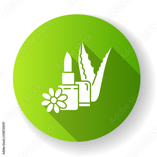 Vegan lipcare green flat design long shadow glyph icon. Organic lip balm. Natural lipstick with aloe vera. Cosmetic with herbs and flowers. Dermatology and skincare. Silhouette RGB color illustration