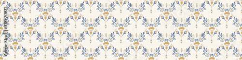 French damask shabby chic floral linen vector texture border background. Pretty daisy flower banner seamless pattern. Hand drawn floral interior home decor ribbon trim. Classic rustic farmhouse style.