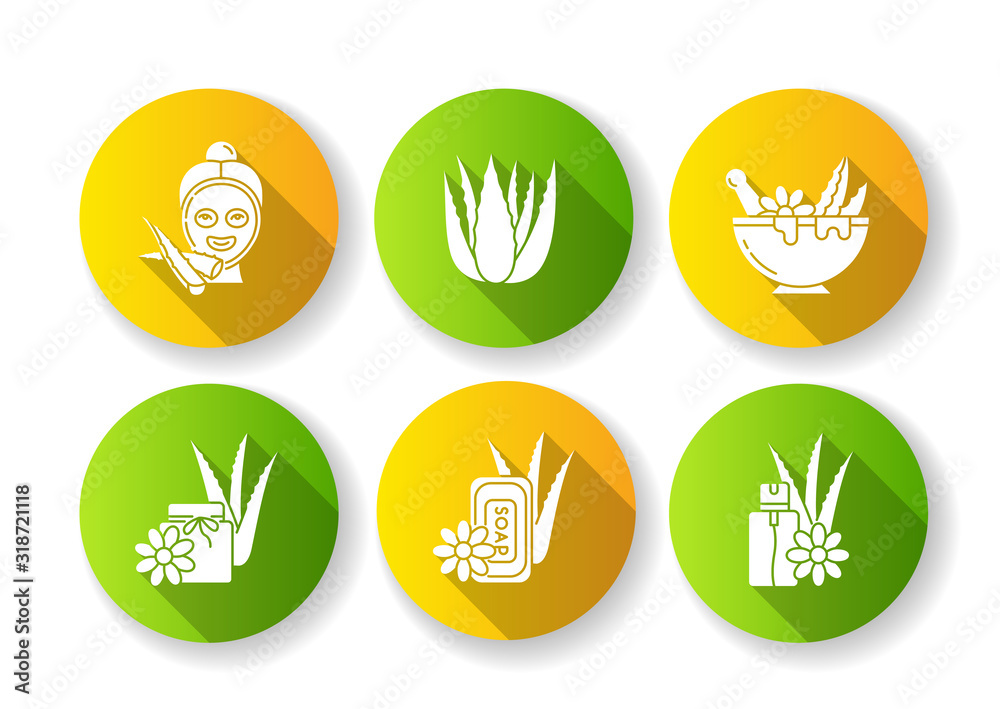 Aloe vera flat design long shadow glyph icons set. Facial moisturizing mask. Spa treatment. Medicinal herbs for dermatology. Cosmetic spray. Mortar, bowl. Silhouette RGB color illustration