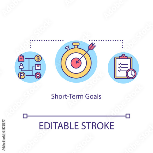 Short term goals concept icon. Strategic plan idea thin line illustration. Daily accomplishments. Personal aims. Productive time managing. Vector isolated outline RGB color drawing. Editable stroke