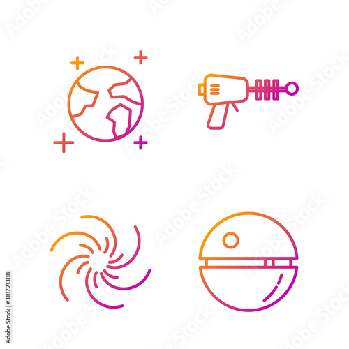 Set line Death star, Black hole, Earth globe and Ray gun. Gradient color icons. Vector