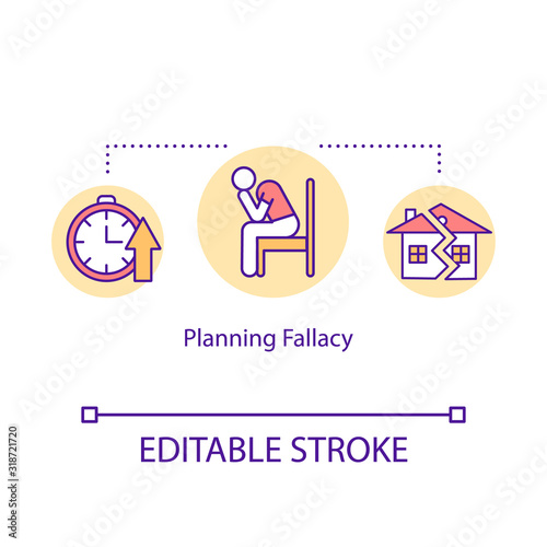 Planning fallacy concept icon. Deadline missing idea thin line illustration. Poor time management problem and mistake. Failure, life trouble. Vector isolated outline RGB color drawing. Editable stroke
