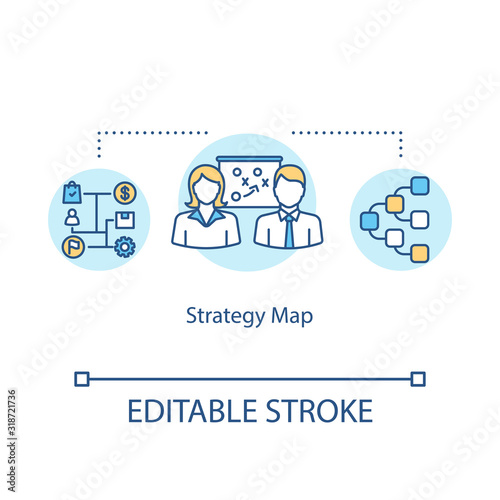Strategy map concept icon. Planning algorithm idea thin line illustration. Business objectives achieving. Company strategic analysis. Vector isolated outline RGB color drawing. Editable stroke