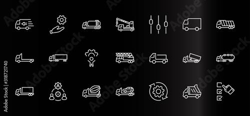 Truck Set of Transport Vector Line Icons. Contains such Icons as Truck, Transportation, Tow Truck, Cranes, Mixer, Garbage Truck, Manipulators, Delivery service and more. Editable Stroke. 32x32 Pixels