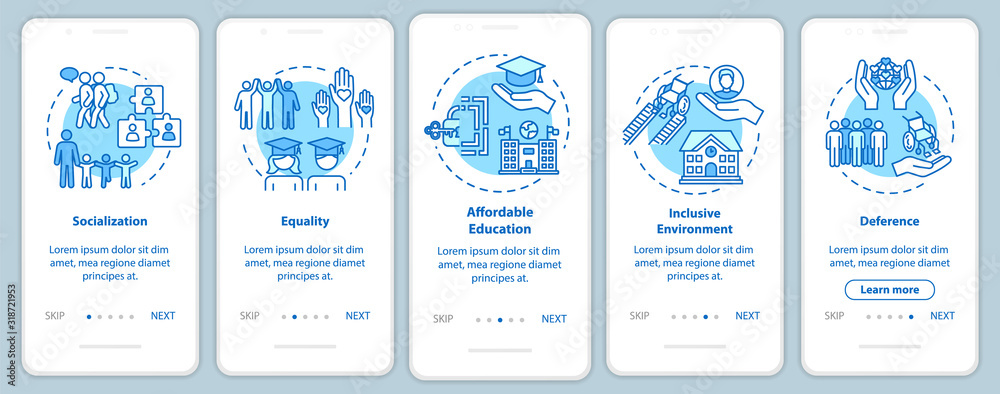Inclusive education onboarding mobile app page screen with concepts. Special conditions for the disabled walkthrough five steps graphic instructions. UI vector template with RGB color illustrations
