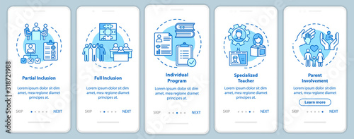 Inclusive education onboarding mobile app page screen with concepts. Educational assistance for disabled walkthrough five steps graphic instructions. UI vector template with RGB color illustrations