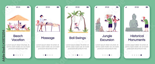 Indonesia tourism onboarding mobile app screen vector template. Sightseeing and relaxation. Walkthrough website steps with flat characters. UX, UI, GUI smartphone cartoon interface concept
