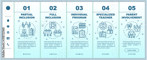 Inclusive education onboarding vector template. Specialized teacher. Partial and full inclusion. Responsive mobile website with icons. Webpage walkthrough step screens. RGB color concept