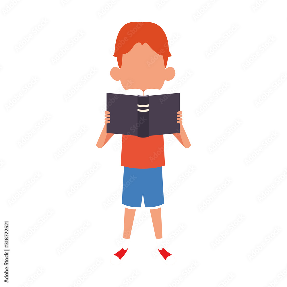 cartoon happy boy standing and reading a book