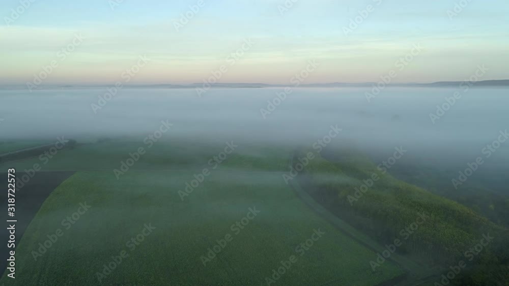 Aerial view of rural landscape with fog in autumn Aerial view of rural landscape with fog in autumn
