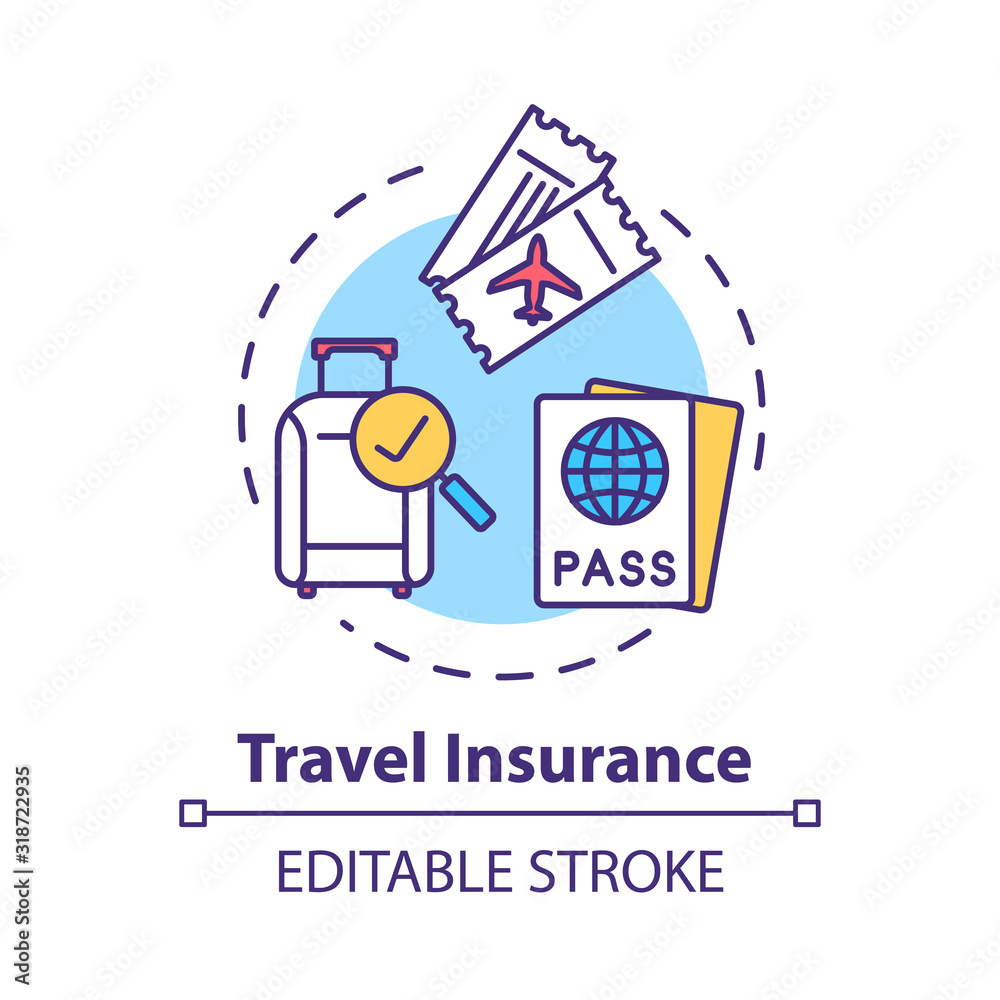 Travel insurance concept icon. Policy coverage for international tourism. Pre-paid service. Safety plan idea thin line illustration. Vector isolated outline RGB color drawing. Editable stroke