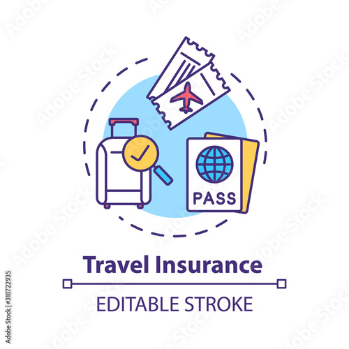 Travel insurance concept icon. Policy coverage for international tourism. Pre-paid service. Safety plan idea thin line illustration. Vector isolated outline RGB color drawing. Editable stroke