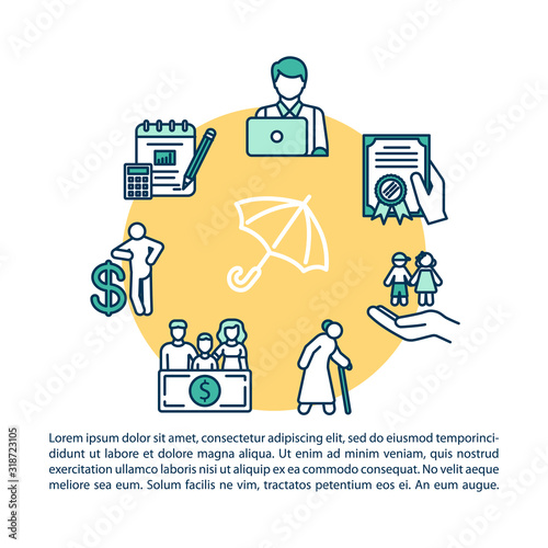 General insurance concept icon with text. Policy plan. Life assurance from childhood to retirement. PPT page vector template. Brochure, magazine, booklet design element with linear illustrations