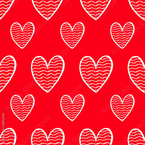 Scarlet seamless pattern of decorative hand-drawn hearts