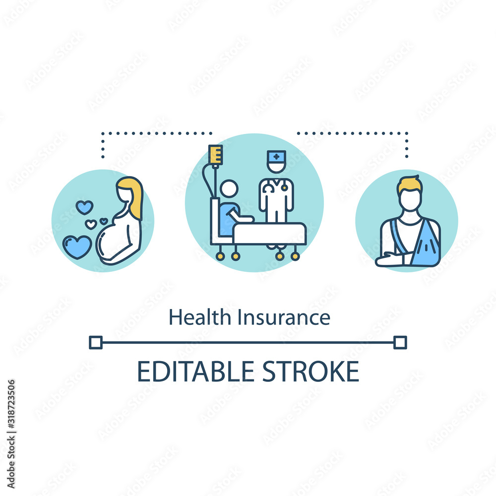 Health insurance concept icon. Paid rehabilitation. Prenatal care. Patient coverage. Hospital services idea thin line illustration. Vector isolated outline RGB color drawing. Editable stroke Health insurance concept icon. Paid rehabilitation. Prenatal care. Patient coverage. Hospital services idea thin line illustration. Vector isolated outline RGB color drawing. Editable stroke