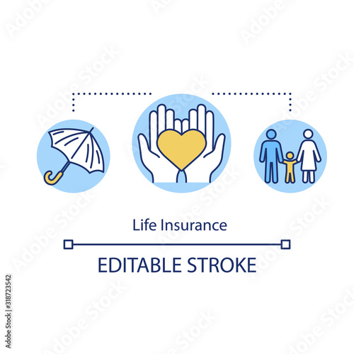 Life insurance concept icon. General protection. Retirement plan. Child support. Young family. Risk management idea thin line illustration. Vector isolated outline RGB color drawing. Editable stroke