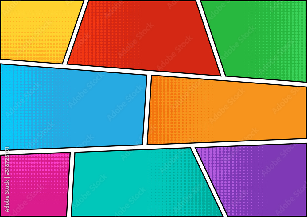 Obraz premium Colorful comic background in pop art style, halftone shadow, blank template. Vector illustration
