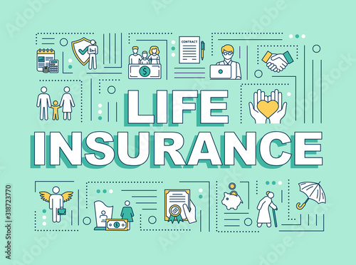 Life insurance word concepts banner. Social coverage. Family healthcare plan. Infographics with linear icons on mint background. Isolated typography. Vector outline RGB color illustration